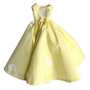 Swiss Dot Dress For Barbie Doll Yellow Flower Applique Sleeveless Lined Party